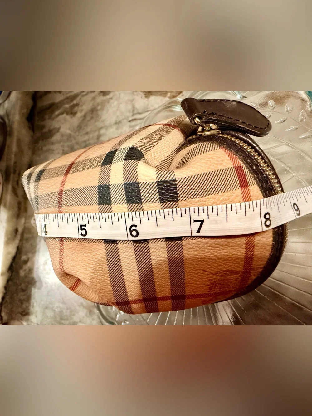 Authentic Burberry Tan Plaid Cosmetic Pouch with Black and Red Stripes